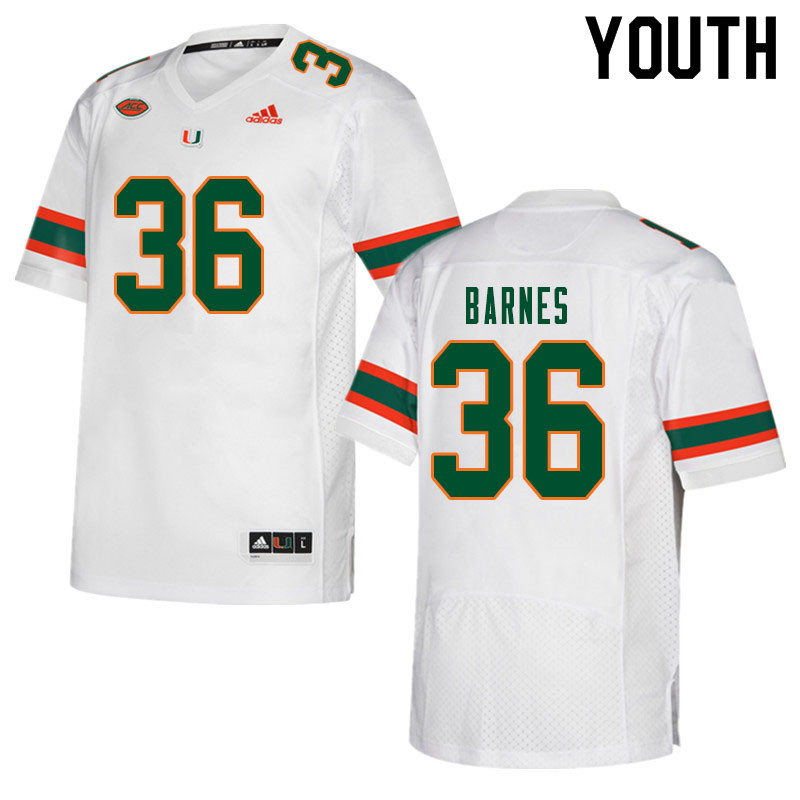 Youth #36 Andrew Barnes Miami Hurricanes College Football Jerseys Sale-White - Click Image to Close